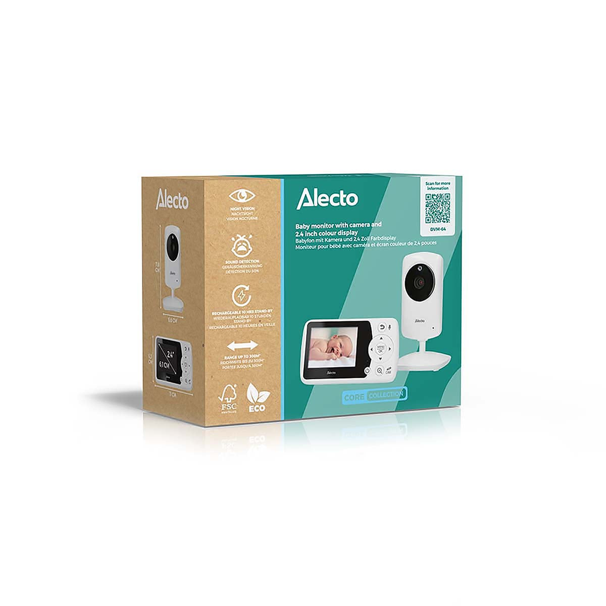 Nedis genopladelig babymonitor-emballage med kamera, display med baby, nøglefunktioner og miljøsymboler.