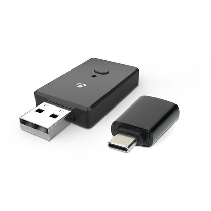 Nedis trådløse CarPlay og Android Auto-adapter med knap og logo ved siden af USB-C adapteren.