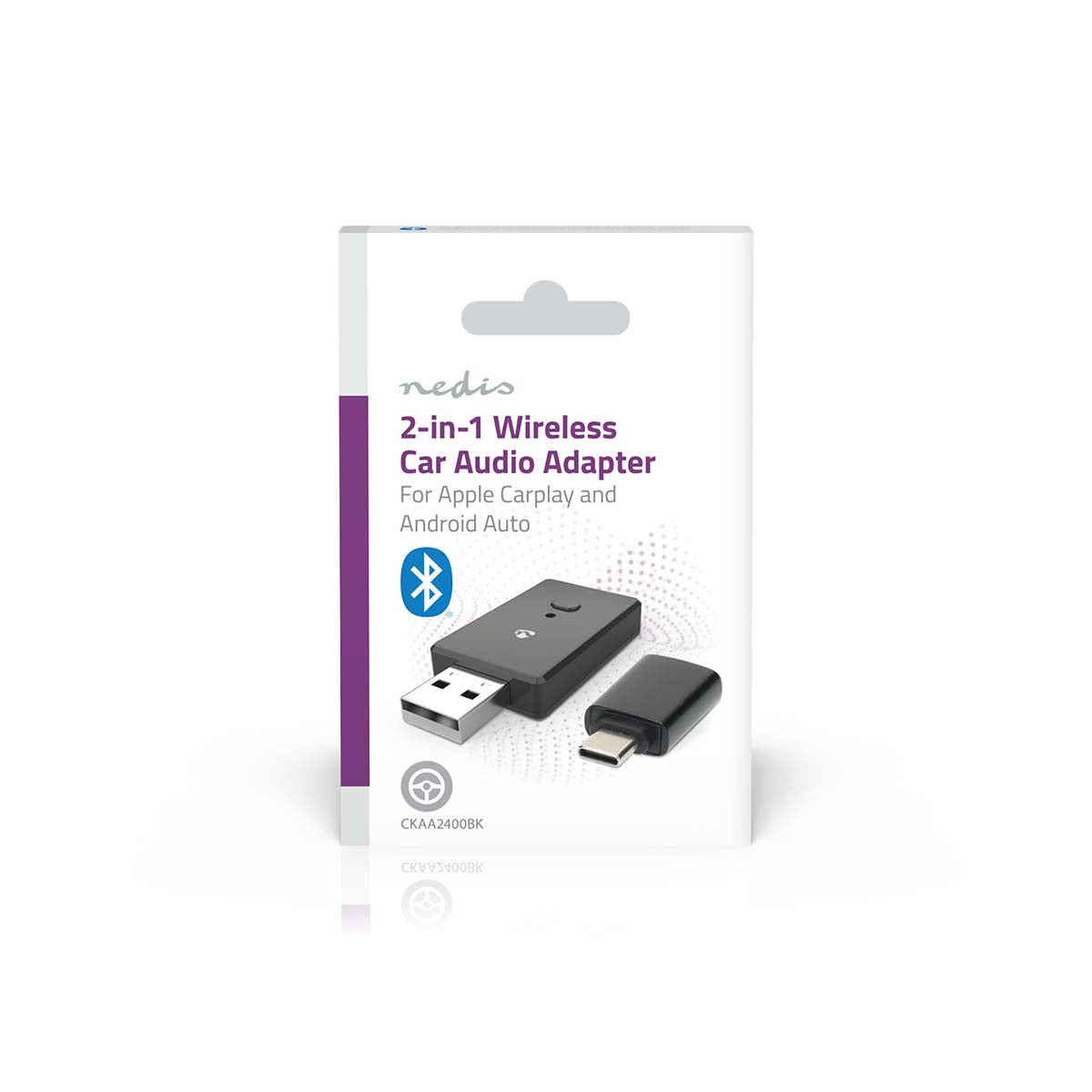 Nedis CarPlay og Android Auto adapter med USB/USB-C, små detaljer, Bluetooth-symbol og Nedis logo på æsken.