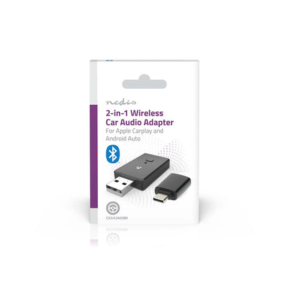 Nedis CarPlay og Android Auto adapter med USB/USB-C, små detaljer, Bluetooth-symbol og Nedis logo på æsken.