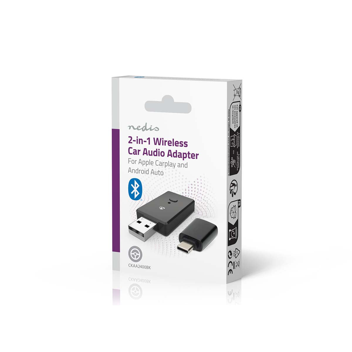 Nedis Trådløs CarPlay og Android Auto adapter æske med USB/USB-C stik, Bluetooth-logo og enhedskompatibilitet.