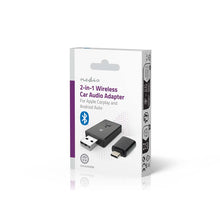 Nedis Trådløs CarPlay og Android Auto adapter æske med USB/USB-C stik, Bluetooth-logo og enhedskompatibilitet.