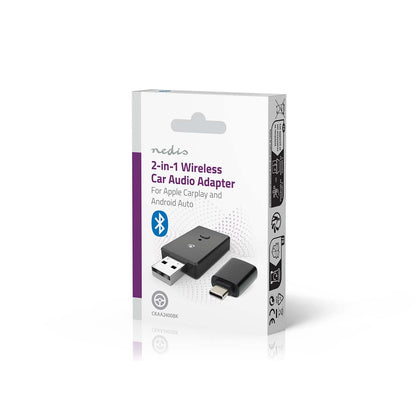 Nedis Trådløs CarPlay og Android Auto adapter æske med USB/USB-C stik, Bluetooth-logo og enhedskompatibilitet.