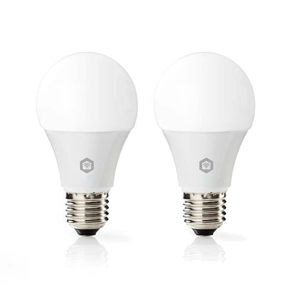 Nedis Wifi E27 LED pærer 806 lm, hvid, 2-pak, metallic sokkel, lille gråt logo på stammen.