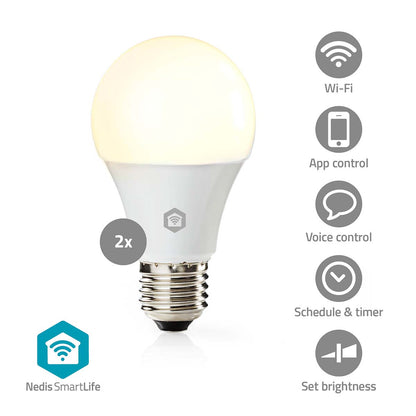 Nedis Wifi E27 LED-pærer 806 lumen 2-pak dæmpbare smartpærer med Wi-Fi, appstyring og kompatible med SmartLife.