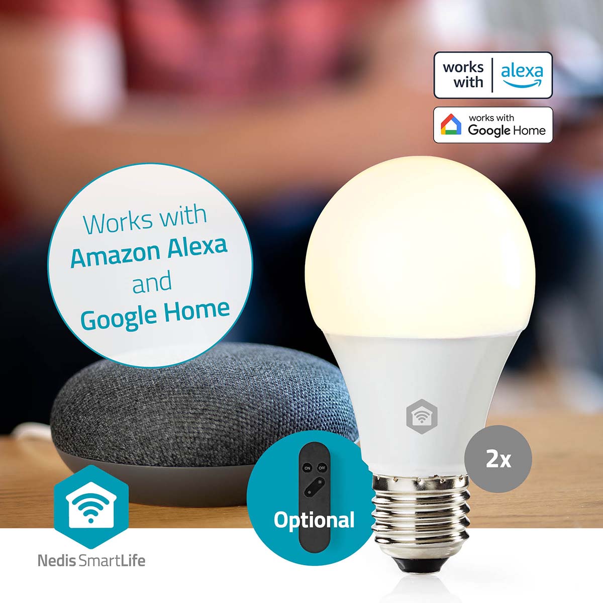 Nedis Wifi E27 LED pærer 806 lm 2-pak ved siden af smarthøjttaler, kompatibel med Amazon Alexa og Google Home, dæmpbar.