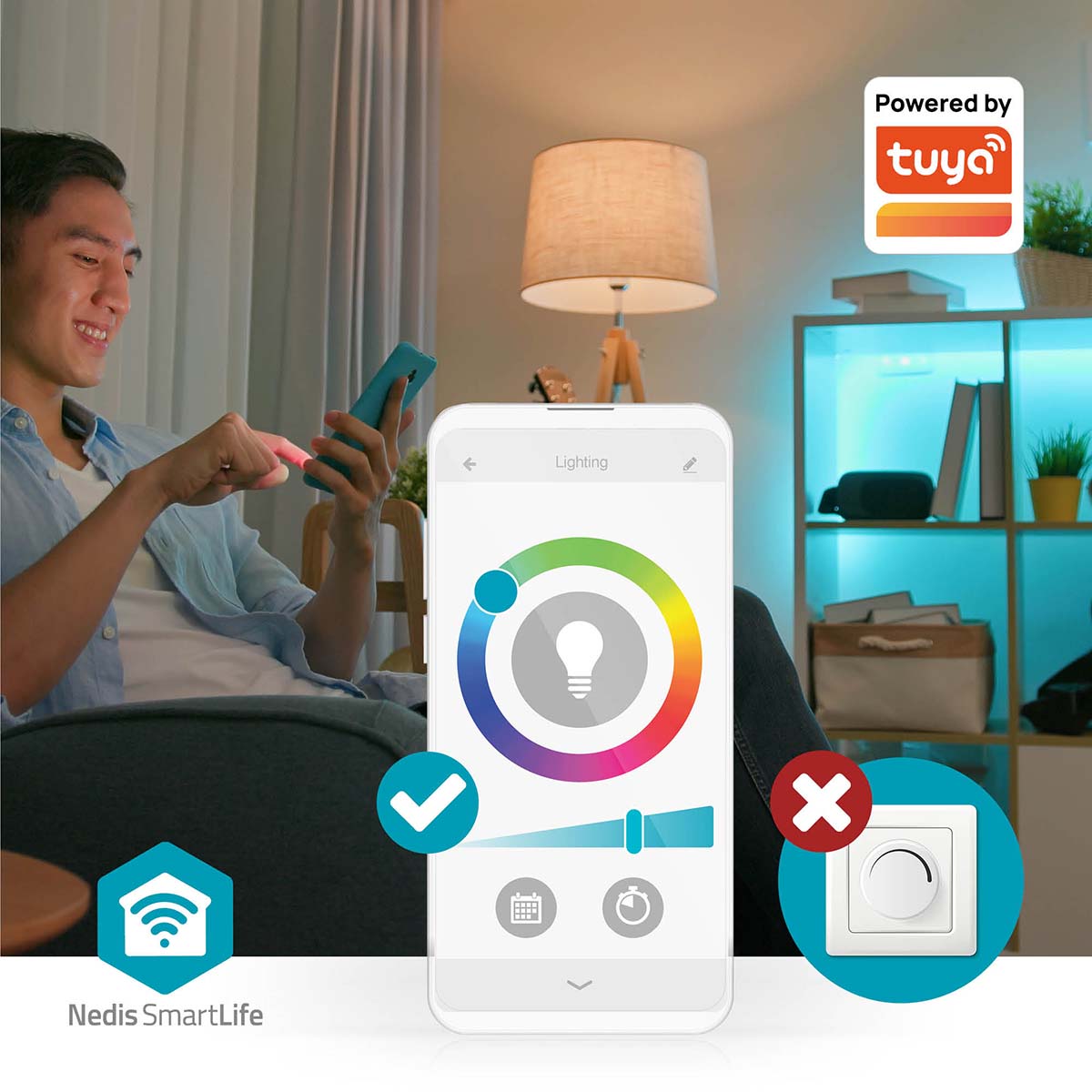 Nedis Wifi E27 LED pærer 806 lm 2-pak styres via smartphone-app med farvehjul og Nedis SmartLife, Tuya-logo vises.