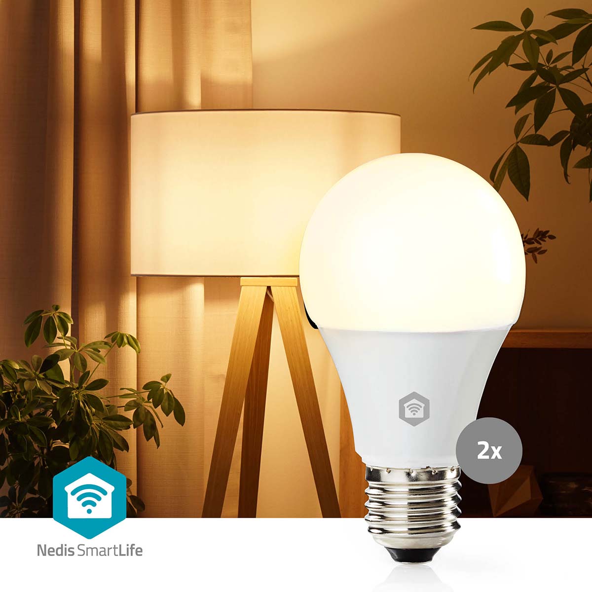 Nedis Wifi E27 LED pærer 806 lm 2-pak med SmartLife logo og "2x" label, synlig i indendørs miljø.