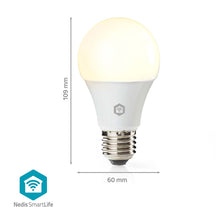 Nedis Wifi E27 LED pærer 2-pak 806 lm, mål 109x60 mm, Nedis-logo nederst til venstre.