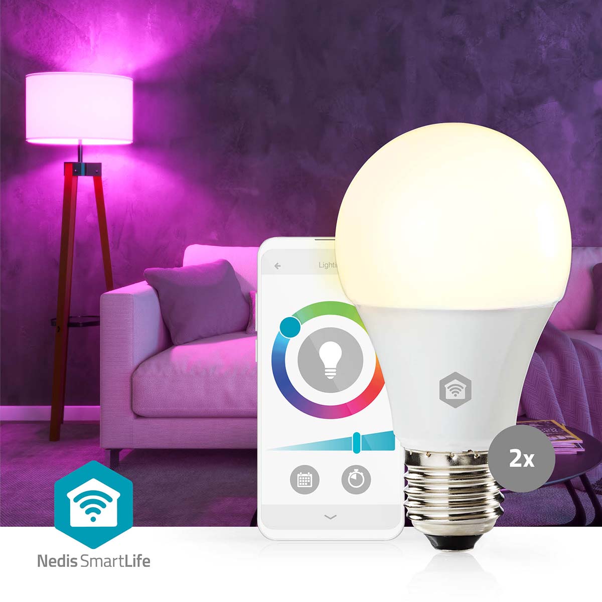 Nedis Wifi E27 LED pærer 806 lm 2-pak med SmartLife logo og app-styring, 2x ikon synligt.