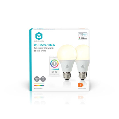 Nedis Wifi E27 LED pærer 806 lm 2-pak dæmpbare full colour warm-cool white æske med to pærer, app-ikon og smart home ikon.