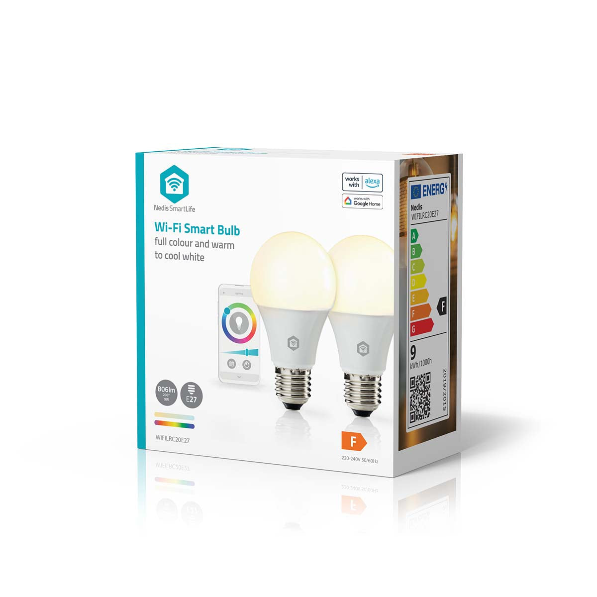 Nedis Wifi E27 LED pærer 806 lm 2-pak dæmpbare, farvekontrol via app, Alexa/Google Assistant, energiklasse F.
