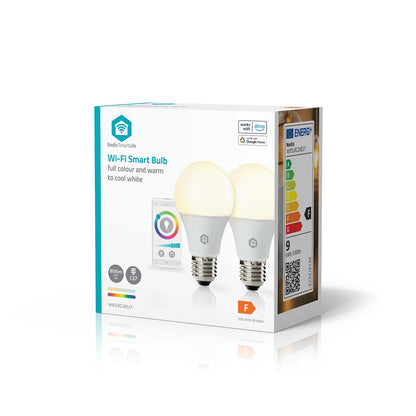 Nedis Wifi E27 LED pærer 806 lm 2-pak dæmpbare, farvekontrol via app, Alexa/Google Assistant, energiklasse F.