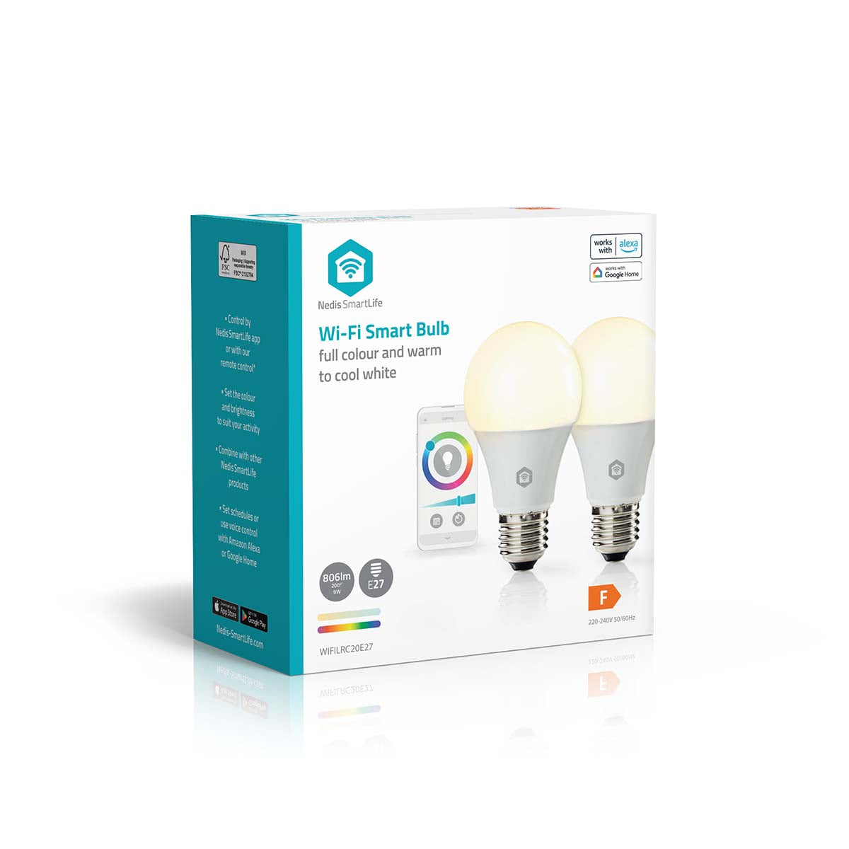 Nedis Wifi E27 LED pærer 806lm 2-pak dæmpbar fuld farve justerbar hvid energiklasse F app vises på emballagen.
