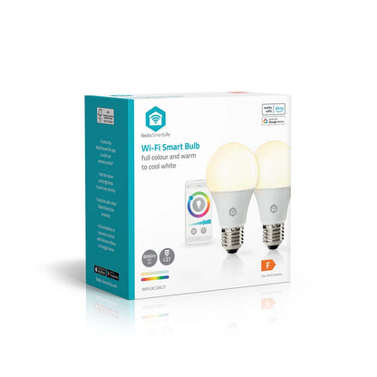 Nedis Wifi E27 LED pærer 806lm 2-pak dæmpbar fuld farve justerbar hvid energiklasse F app vises på emballagen.