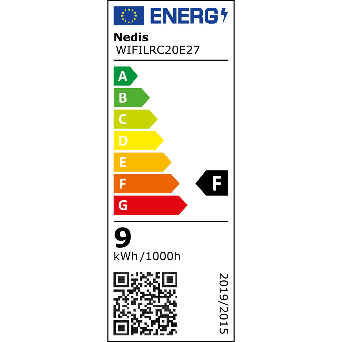 Energimærke til Wifi E27 LED pærer 806 lm 2-pak, F (A-G), 9 kWh/1000h, QR-kode, tekst "2019/2015" i hjørne.