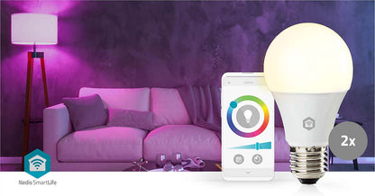 Nedis Wifi E27 LED pærer 806 ml 2-pak, lilla-lyserød lampe, smartphone med farvehjul, "2x" symbol.