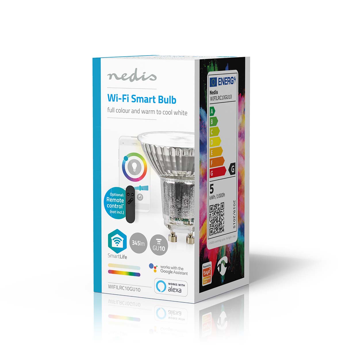 Nedis Wifi GU10 LED pære 345 lm, fuld farve, justerbar hvid, Google Home/Alexa logo, energi info på æsken.