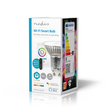 Nedis Wifi E27 LED pærer 806 lumen 5W fjernbetjening Google Assistant Alexa energimærke G, æske med produktinfo.