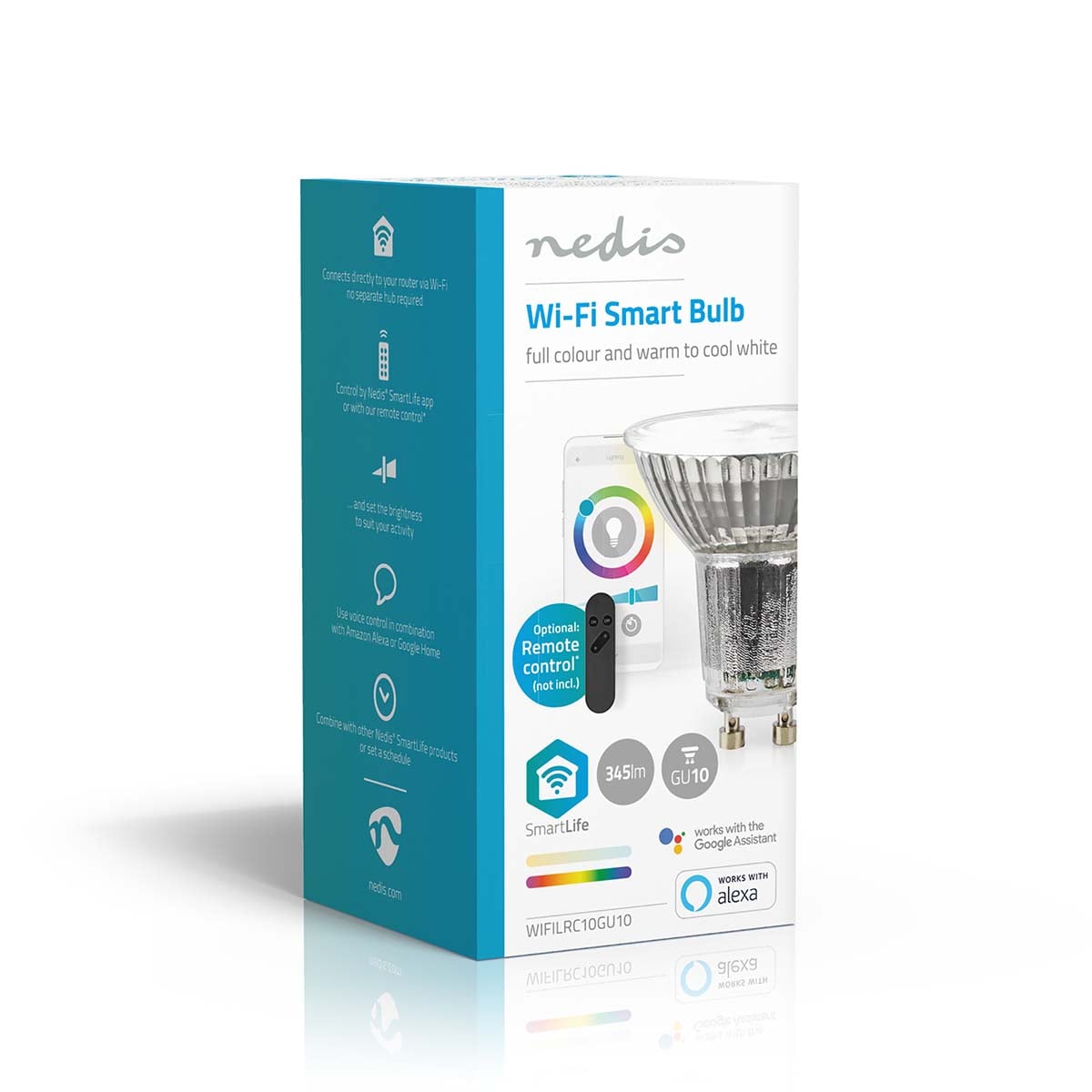 Nedis Wifi E27 LED pære 806 lm i æske med smartphone og fjernbetjening, Alexa og Google Assistant logoer.