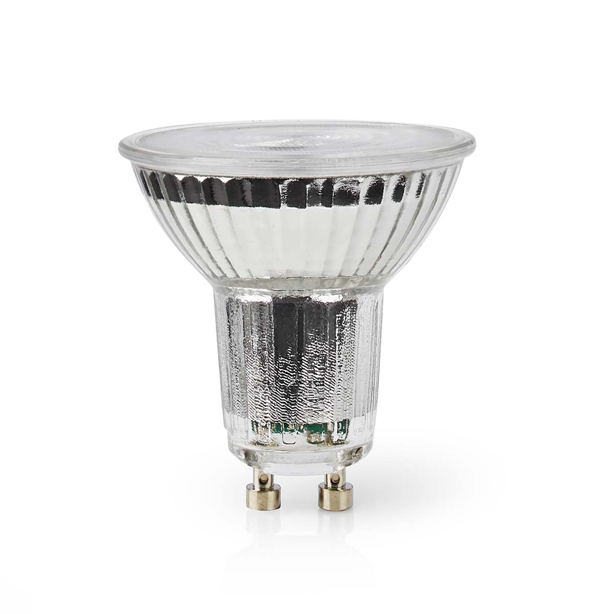GU10 LED-spotpære med klart rillet glas, to metalben og synlig base.