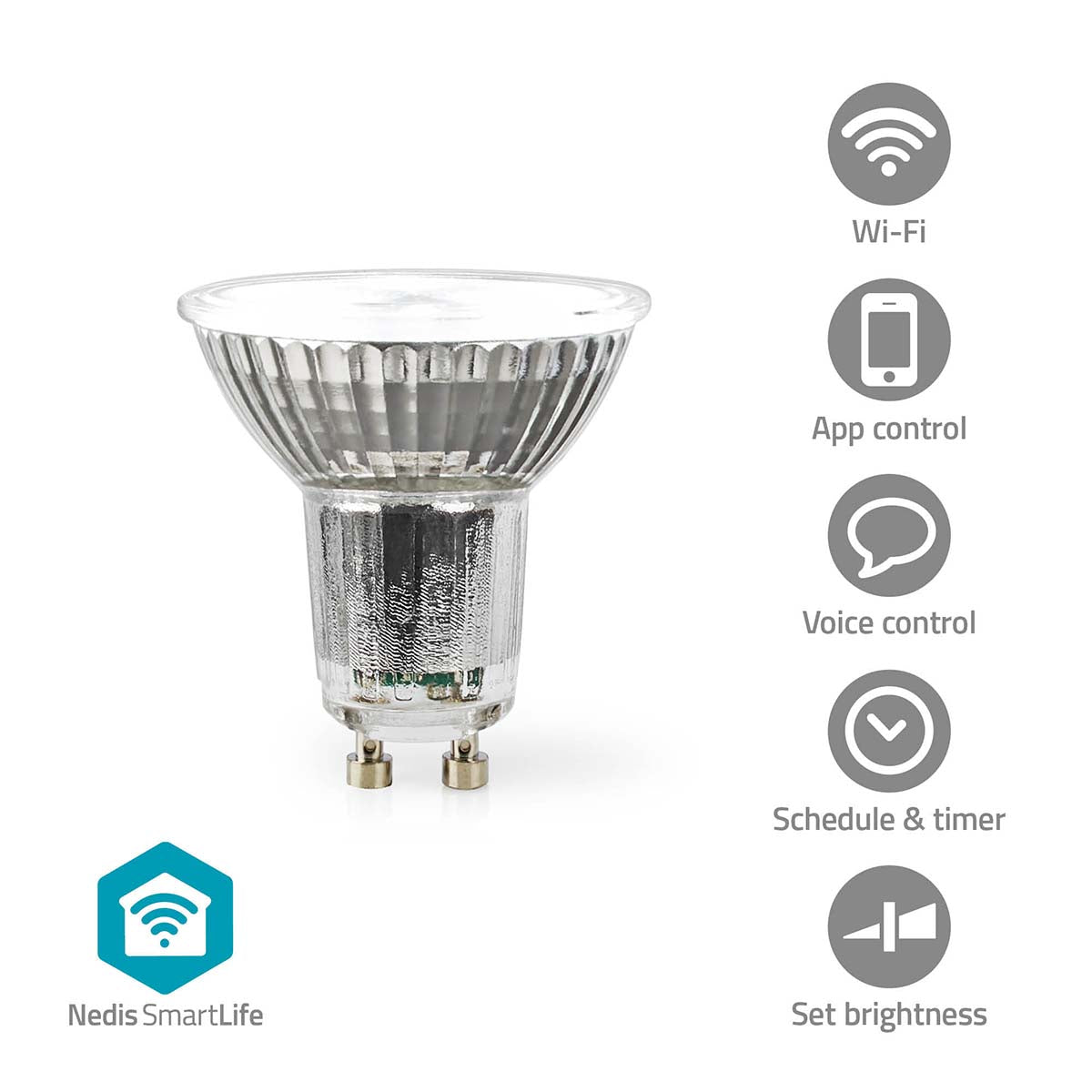 Nedis Wifi GU10 LED pære 345 lm, smart spotlight med app- og stemmestyring, Google Home kompatibel, SmartLife-logo.