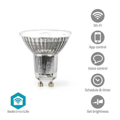 Nedis Wifi E27 LED pære 806 lm med Wi-Fi, app- og stemmestyring, timer og lysstyrkejustering, SmartLife-logo nederst.