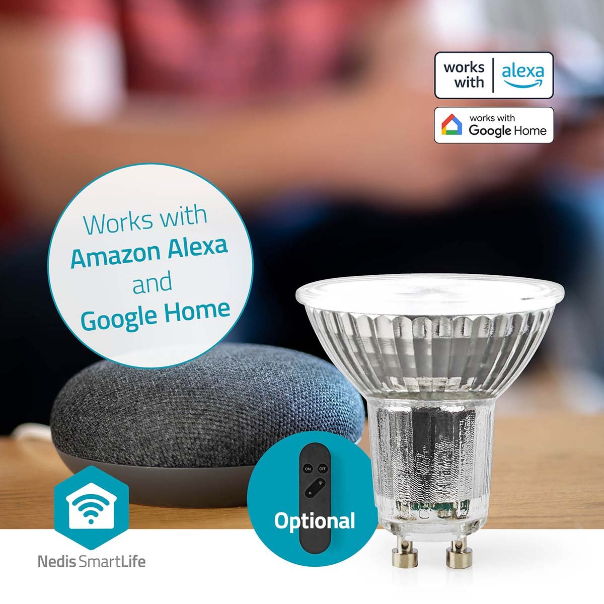 Nedis WiFi E27 LED pære 806 lm med smart højttaler og fjernbetjening, Amazon Alexa og Google Home logo vises.