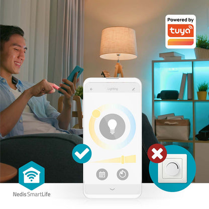 Nedis Wifi GU10 LED pære 345 lm styres via smartphone-app med Tuya og Google Home kompatibilitet.