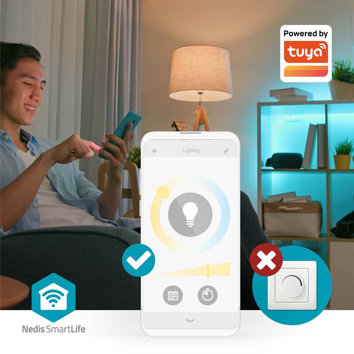 Nedis Wifi E27 LED pære 806 lm styres via smartphone, Tuya og SmartLife logo vises i appen.