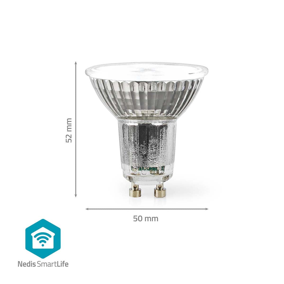 Nedis Wifi GU10 LED pære 345 lm, 52 mm høj, 50 mm bred, SmartLife logo synligt.