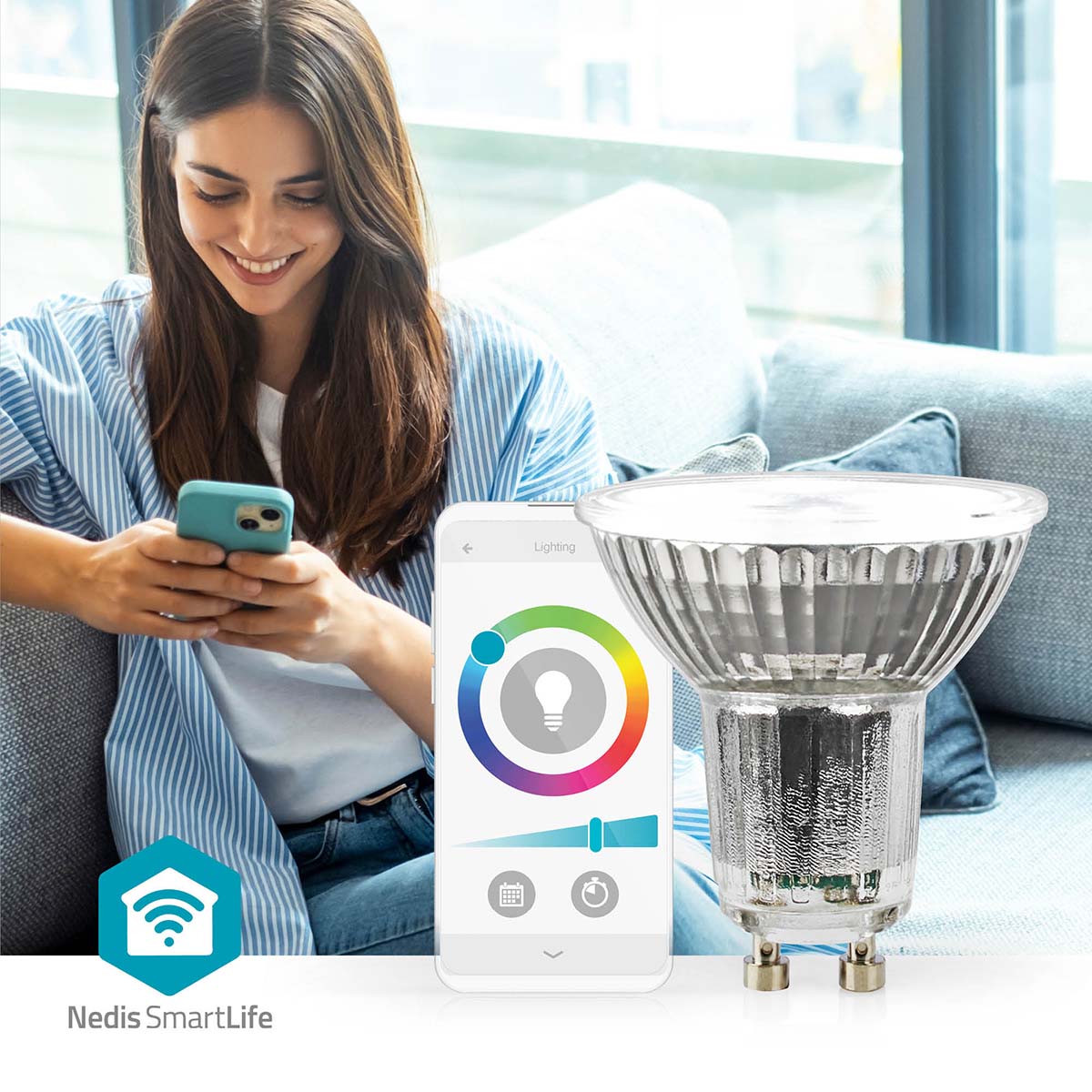 Nedis Wifi GU10 LED pære 345 lm betjenes via smartphone med Nedis SmartLife app, synlige farve- og lysstyrkekontroller.
