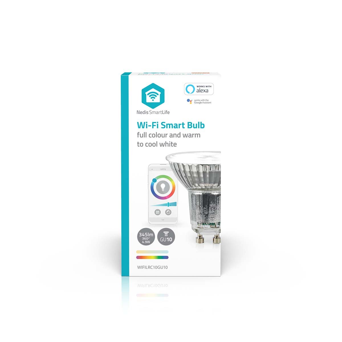 Nedis Wifi E27 LED pære 806 lm retail box med smart belysning, Amazon Alexa logo og app samt Wi-Fi kontrol nævnt.