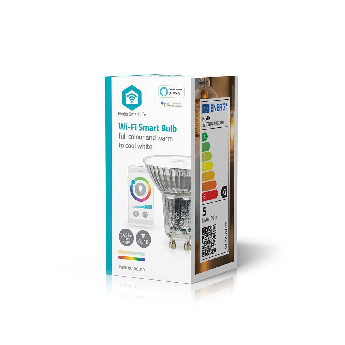 Nedis Wifi E27 LED pærer 806 lm, smart lys, fuld farve og hvid, Alexa/Google Assistant support, energimærke på æsken.