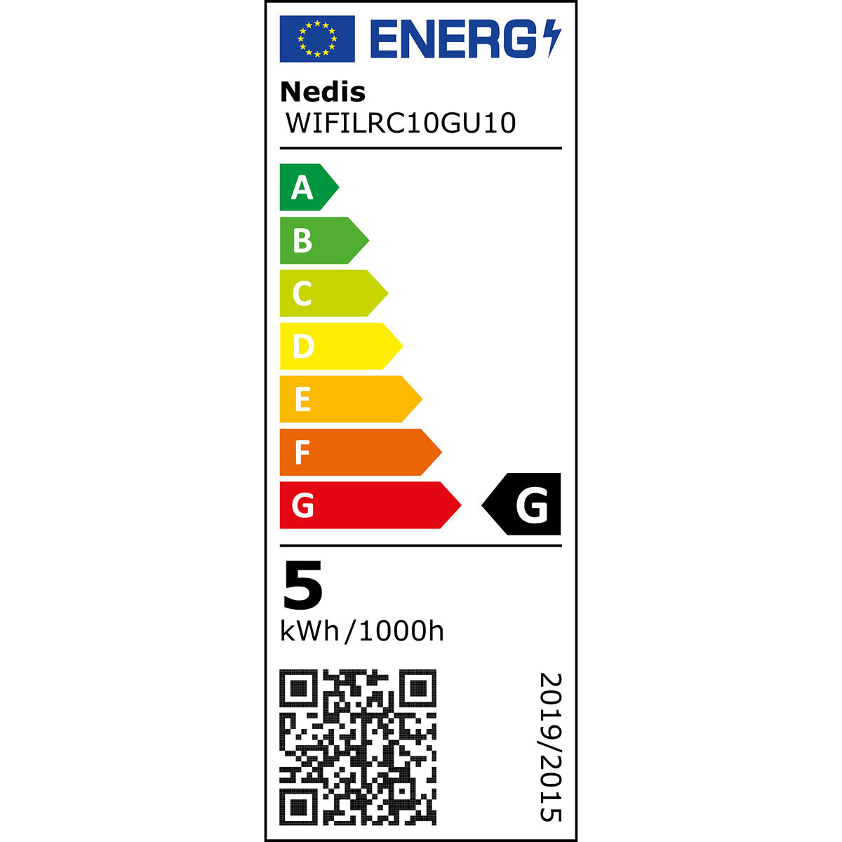 EU-energimærke til Nedis Wifi GU10 LED pærer 345 lm, energiklasse G, 5 kWh/1000 t, Google Home-logo, QR-kode, A-G farveskala.