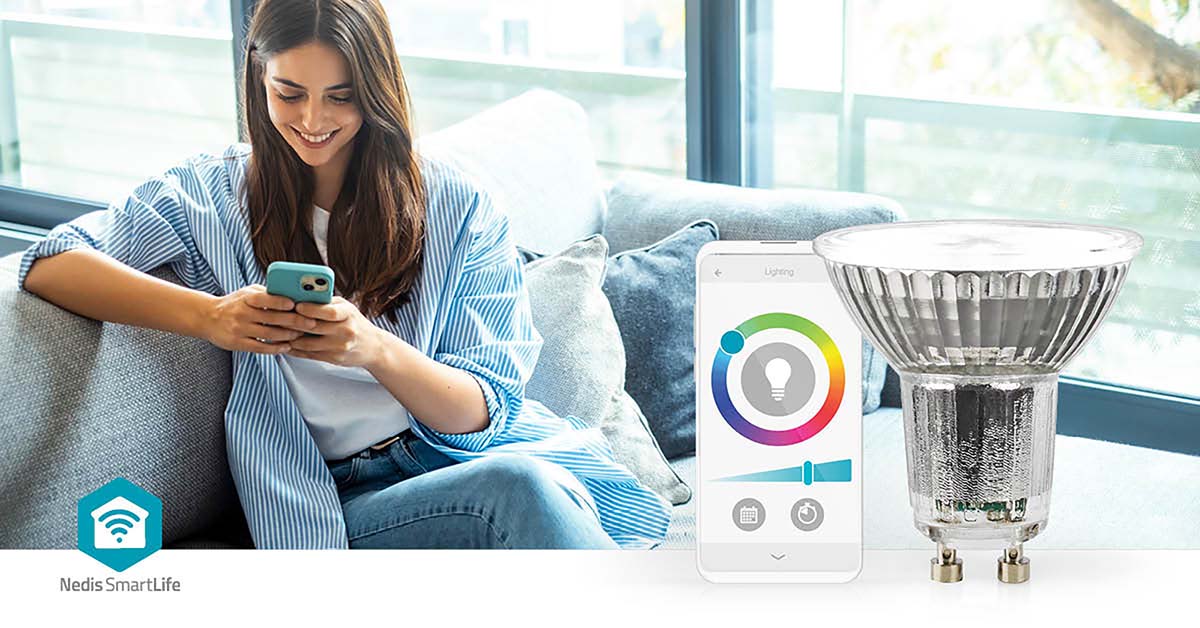 Nedis Wifi GU10 LED pærer 345 lm styres via smartphone, viser brug i smart home med Google Home-integration.