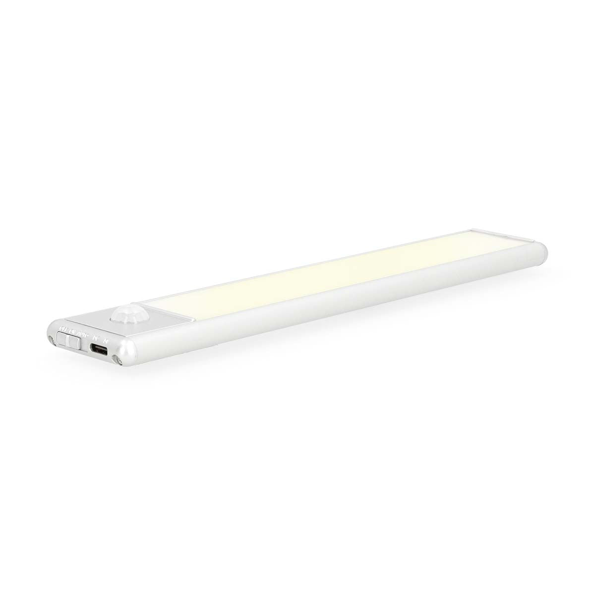 Nedis LED skabslampe 20cm hvid, genopladelig med bevægelsessensor, strømafbryder og USB-C, varmt hvidt lys.