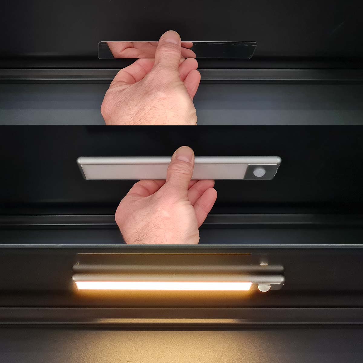 Nedis LED Skabslampe 20cm monteres under overflade med montagebånd, fastgøres, ses tændt med indbygget sensor.