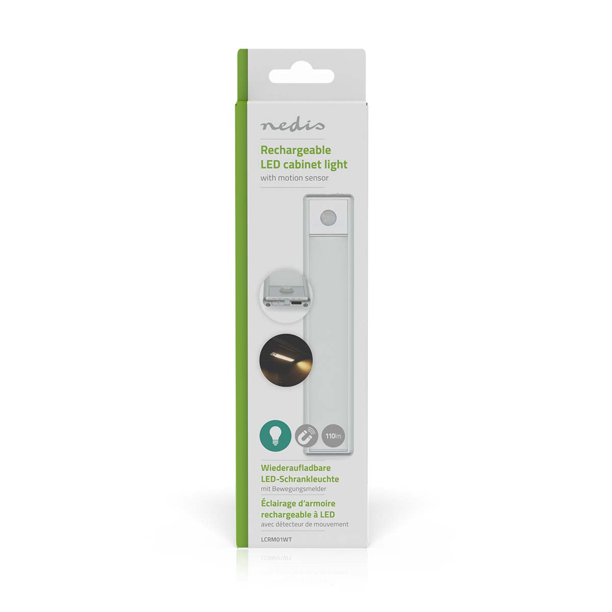Nedis LED Skabslampe 20cm i emballage med produktbilleder, bevægelsessensor ikon, tekst på flere sprog.
