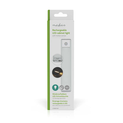 Nedis LED Skabslampe 20cm i emballage med produktbilleder, bevægelsessensor ikon, tekst på flere sprog.