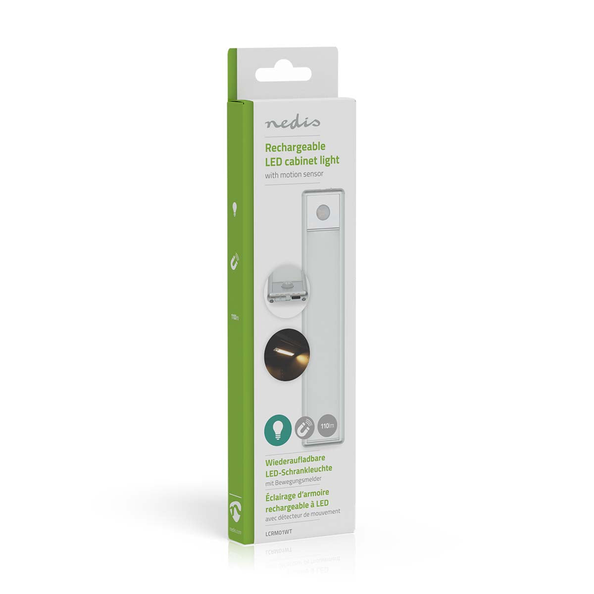 Nedis LED Skabslampe 20cm i original hvid og grøn æske med billeder af lamper og funktioner på flere sprog.