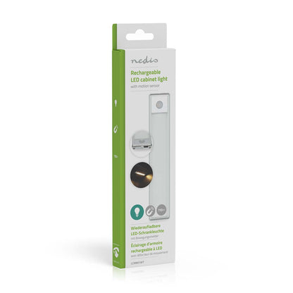 Nedis LED Skabslampe 20cm i original hvid og grøn æske med billeder af lamper og funktioner på flere sprog.