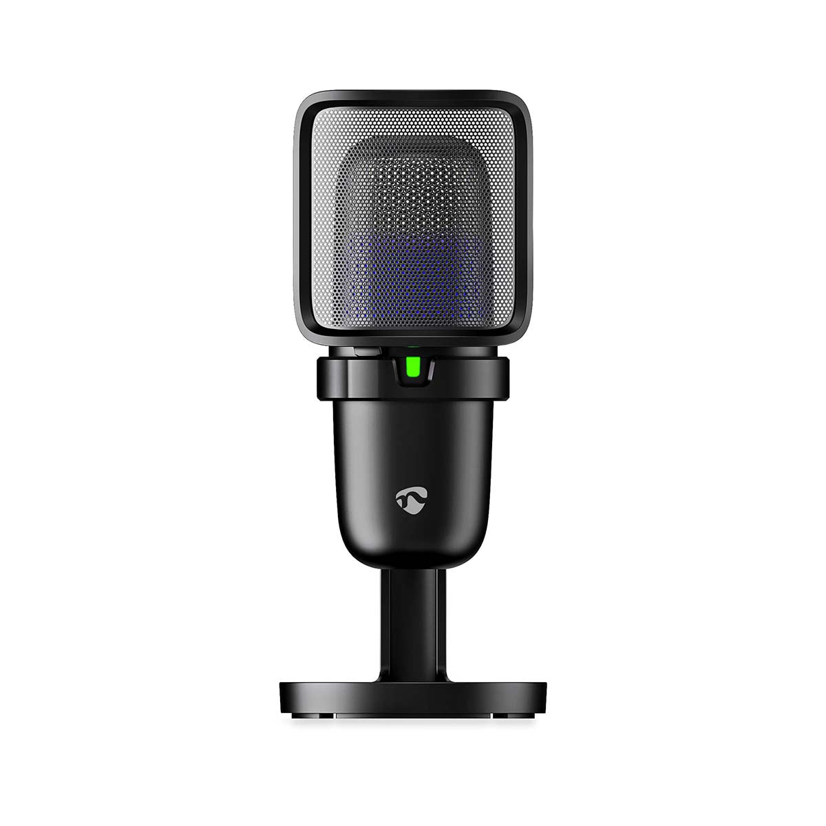 Nedis bordmikrofon USB-A sort, firkantet mesh front, grøn indikatorlampe, kort stativ.