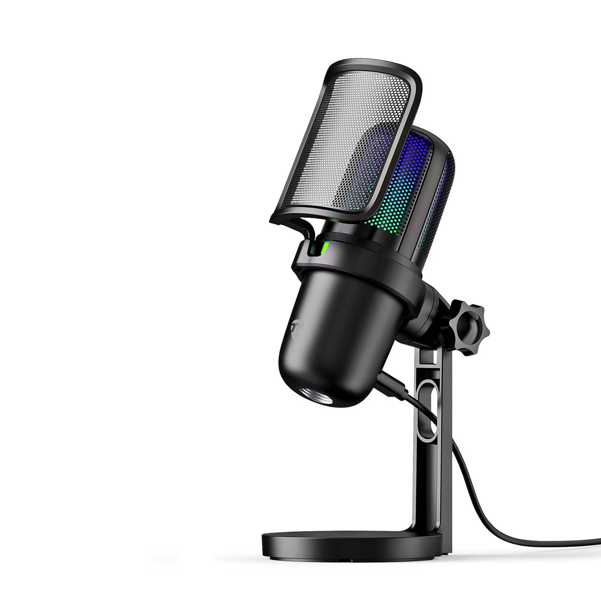 Nedis bordmikrofon USB-A, sort, med mesh popfilter, farvet lys, desktopstativ og USB plug-and-play.