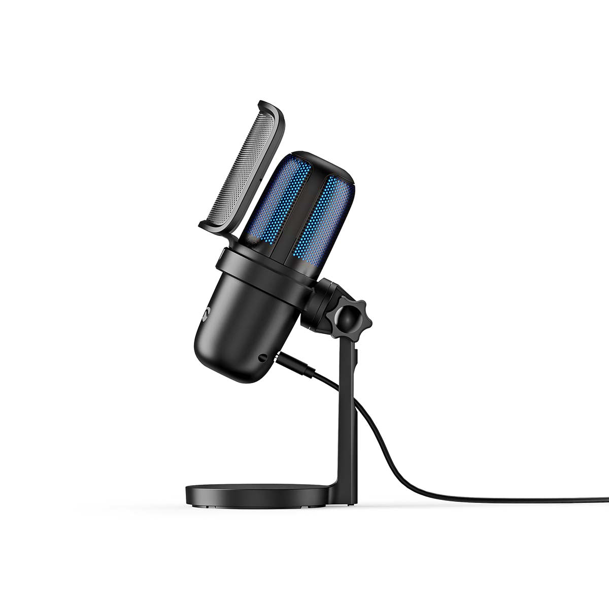 Nedis bordmikrofon USB-A, sort med blå mesh-grill, på stativ med popfilter, kabelforbindelse.