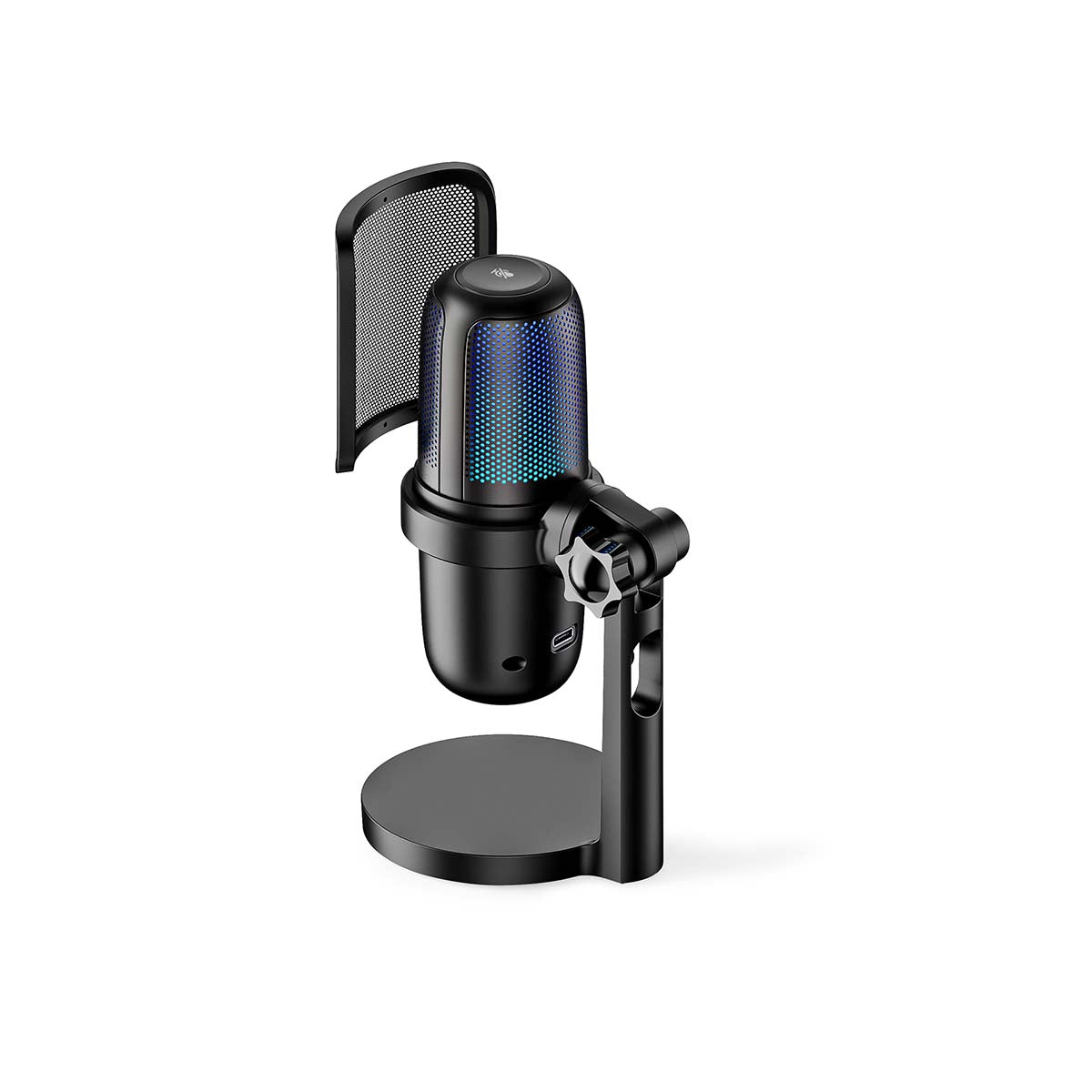Nedis bordmikrofon USB-A, sort med mesh popfilter, blå LED-lys og rund fod.
