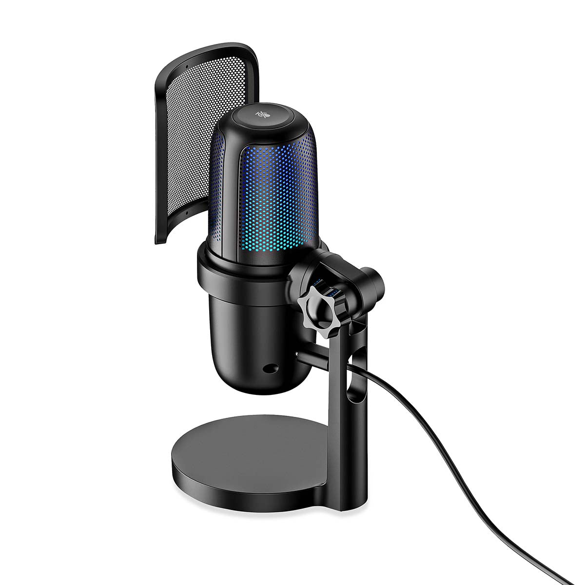 Nedis bordmikrofon USB-A sort med popfilter, RGB-lys og rund base.