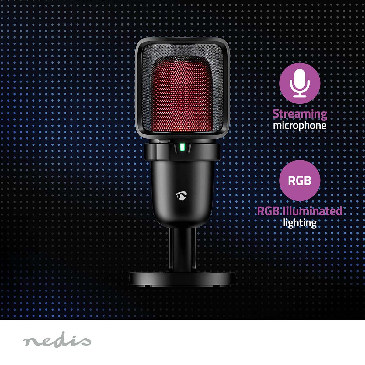 Nedis bordmikrofon USB-A sort med rød RGB-belysning, streamingfunktioner, Nedis-logo nederst.