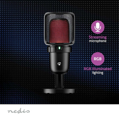 Nedis bordmikrofon USB-A sort med rød RGB-belysning, streamingfunktioner, Nedis-logo nederst.