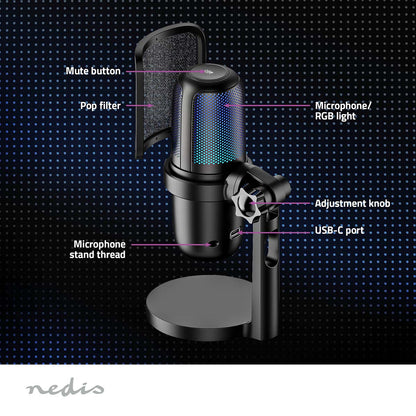 Nedis USB-A sort bordmikrofon med RGB-lys, stativ, mute-knap, popfilter, gevind, justeringsknap og USB-C port.
